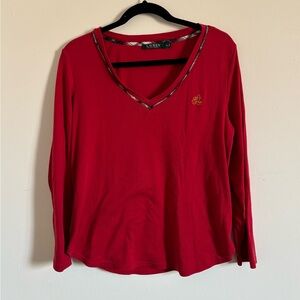 Ralph Lauren Red Long Sleeve V-Neck Top